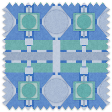 The artwork is a symmetrical geometric design with a balanced composition. It features a series of squares, rectangles, and circular shapes arranged in a grid-like pattern. The dominant colors are various shades of blue and teal, combined with accents of light grey and white. The shapes are layered to create a sense of depth, with some elements outlined or bordered to enhance contrast.  The artwork has a structured, almost architectural feel, emphasizing order and precision.